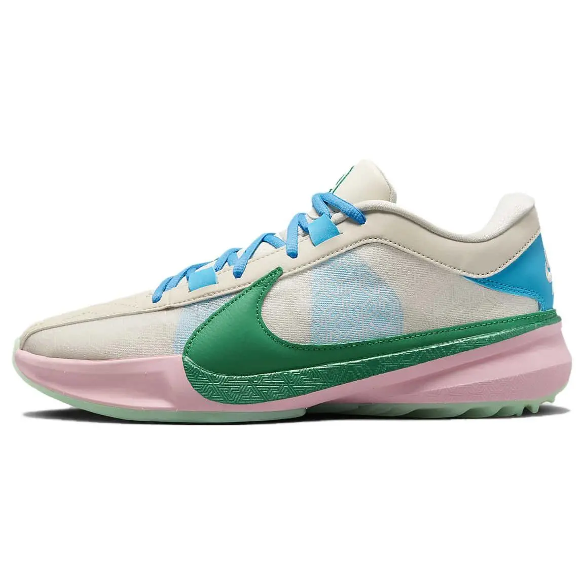 Nike Freak 5 Giannis Basketball Shoes for Men – Round-Toe, Low-Top, Lace-Up, White Blue Green Verifiable, with credentials and supporting global authentication