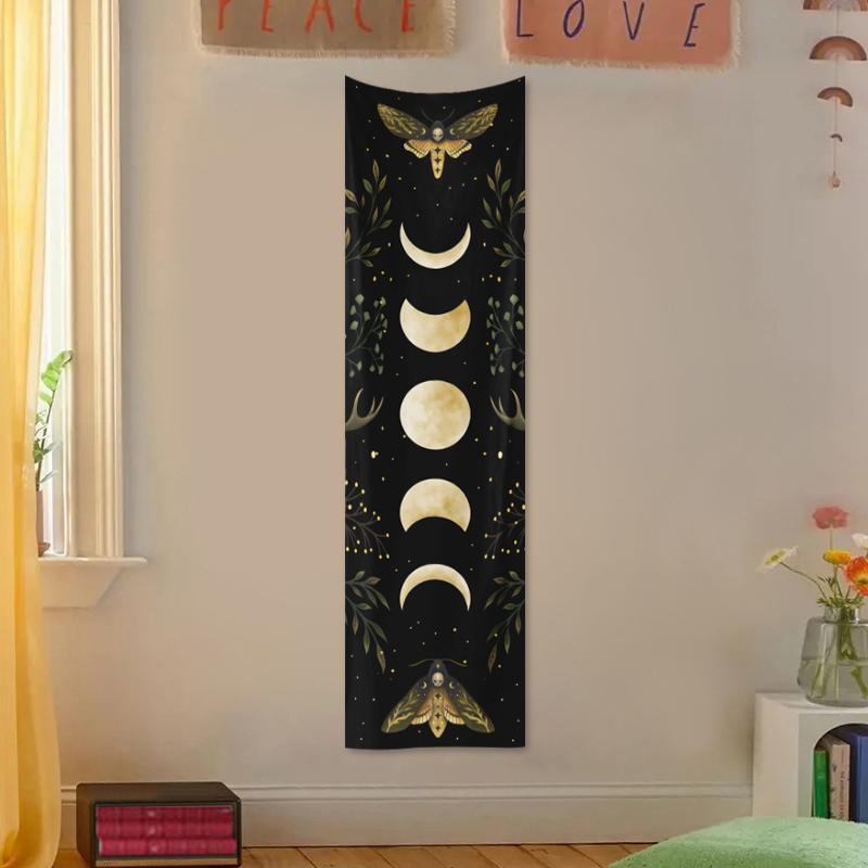 Moon & Plant Print Tapestry, 1 Count Boho Moon Phase Wall Hanging, Wall Decor For Home Bedroom & Living Room