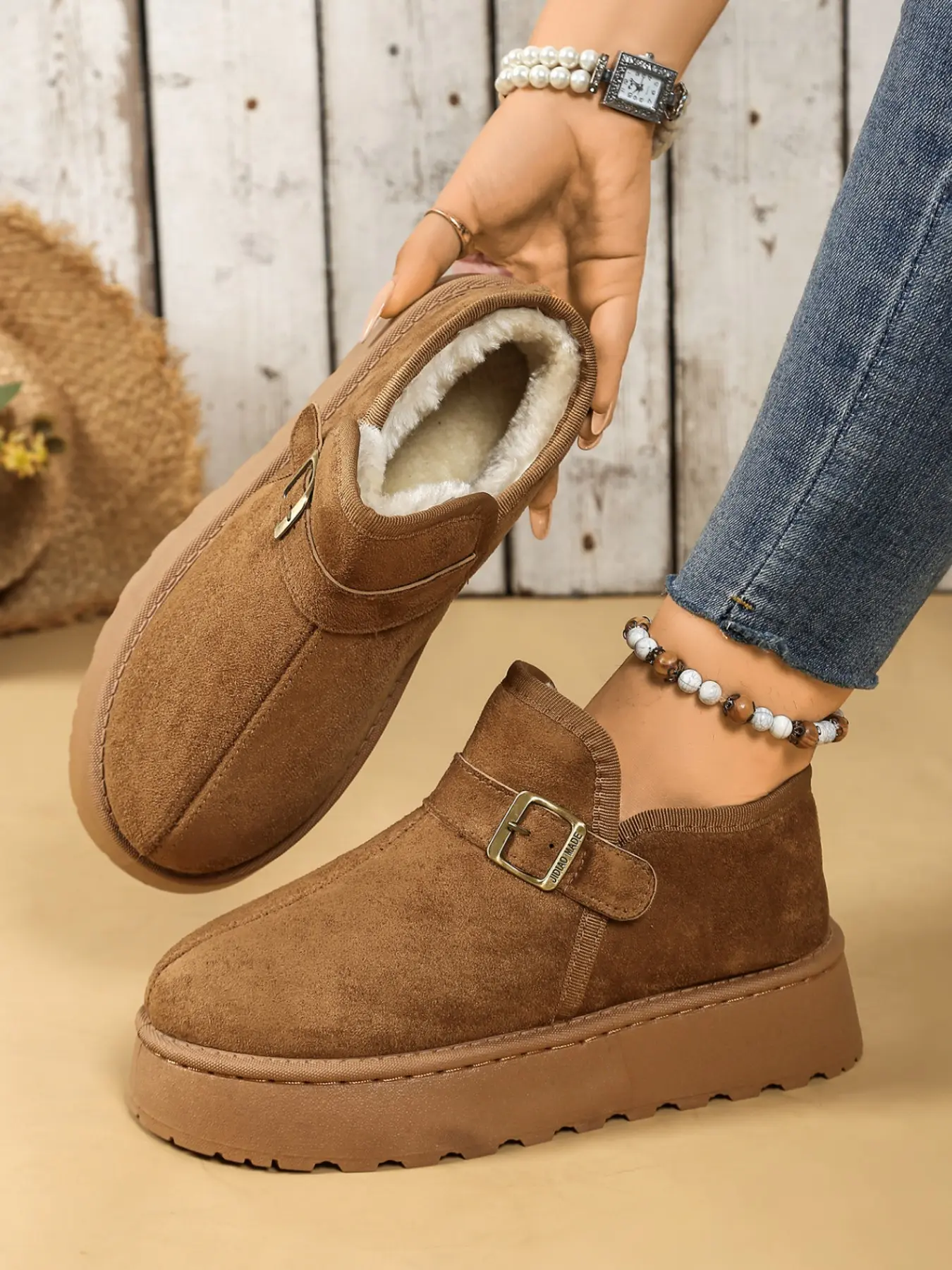 New Women's Retro Thick Sole Boots, Faux Suede Slip-On Ankle Boots, Soft Lined Warm Shoes, Anti-Slip Rubber Soles, Casual Winter Footwear