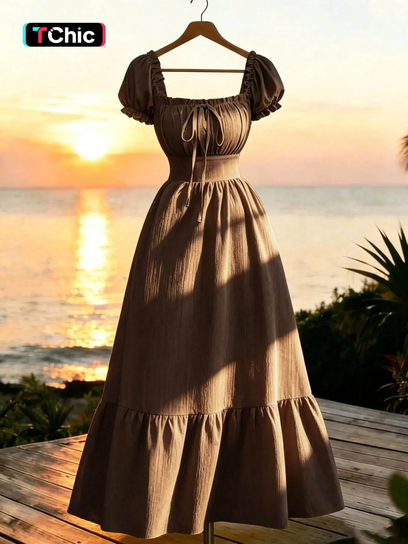 New Women's Summer Woven Textured Bubble Short Sleeve Dress, Chest Tie Back Gathered Waist, Tall Slim Elegant Resort Casual Date Long Dress
