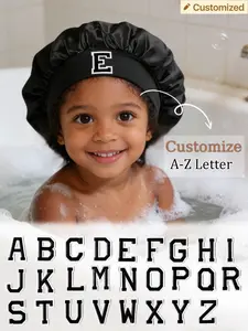 1pc  Customizable A-Z Black Alphabet Hair Care Bonnet, Elastic Sleeping Cap, Soft Night Headgear, Bathroom Face Washing & Brushing Wear, Unisex Suitable for 3-8Y, All Seasons Use