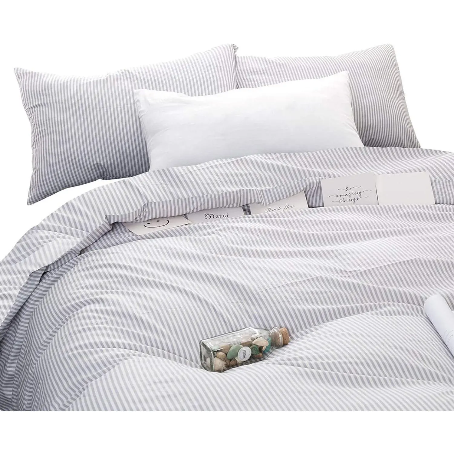 Wake In Cloud - Striped Cotton Duvet Cover Set, Ticking Stripe Pinstripe Farmhouse, 100% Cotton Bedding Set, 3 Pieces, Gray White, Queen Size
