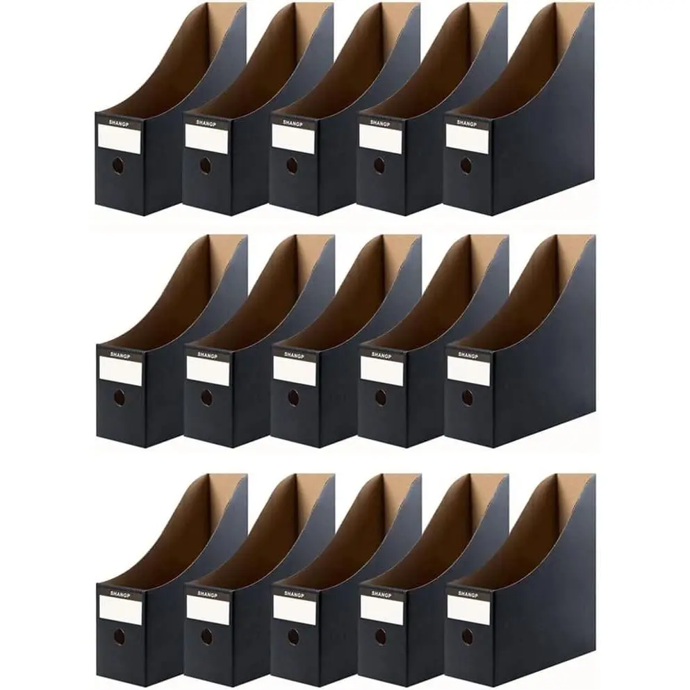 Matte Black Foldable Desk File Holder Organizer - Sturdy Cardboard Magazine Storage Box, Document Rack with Blank Label Stickers - 15 Pcs for Home/Office
