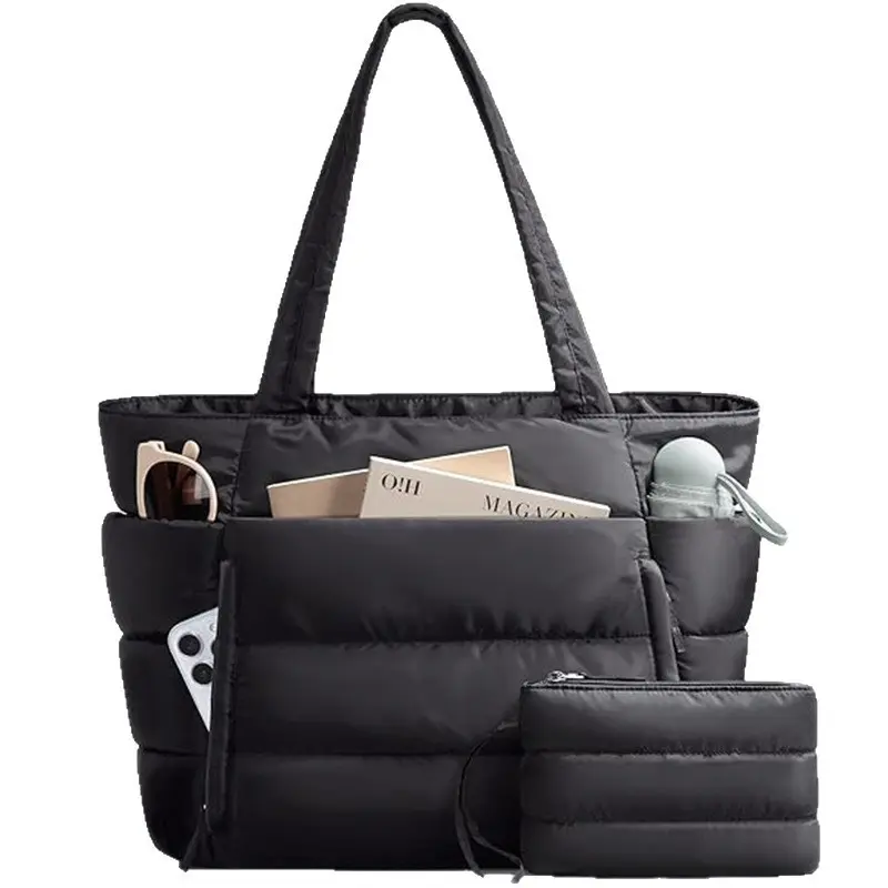Puffer Tote Bag for Women with Makeup Bag, Large Quilted Laptop Work Tote with Zipper, Lightweight Travel Shoulder Bag for Teacher, Nurse, School & Gym