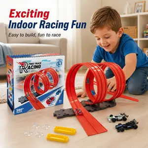 Racing Track Set 1 Box | Bendable Double-Side Track for 1:64 Cars, 4 Random Cars + Suction Cups, Portable Roll-Up | Blue DIY Dual Track, Wall/Desk Mount | Racing, Hand-Eye, Engineering | Gift for Ages 3+ Boys Girls Birthday