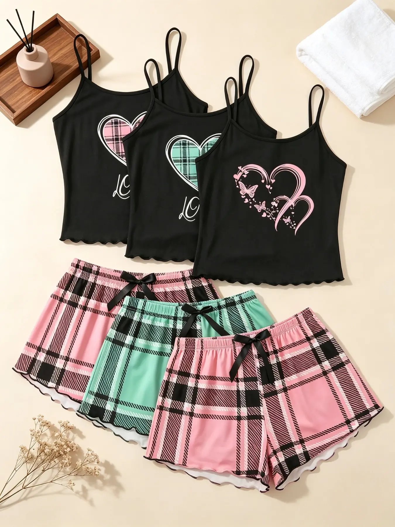 Women's Sleepwear, Camisole Sets 6 Piece Bundle Y2K Aesthetic Plaid Heart Print Summer Sweet Grunge Style Spaghetti Strap Lettuce Ruffle Hem Bow Waist Silky Soft Breathable Cami Short Pant Set Home Lounge Wear