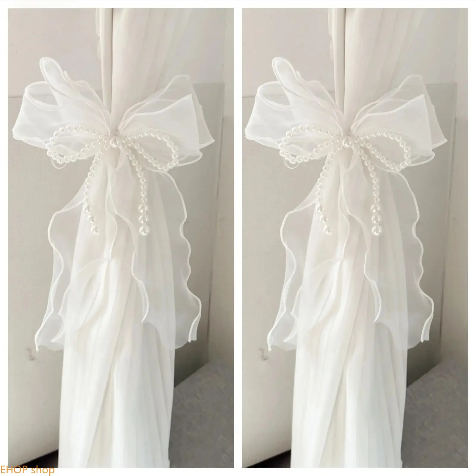 French Lace Pearl Bow Curtain Tiebacks Elegant Drapery Fastener Delicate Window Decor Accessory Soft Sheer Curtain Matching Ornament Stylish Indoor Layout For Living Room Bedroom Window Arrangement, Cute, Polyester