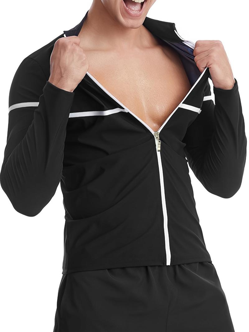 Men's Letter Print Zipper Sauna Top, Long Sleeve Funnel Neck Zip Up Sports Top, Casual Sportswear Clothing for Indoor Outdoor Wear, Sports Outerwear