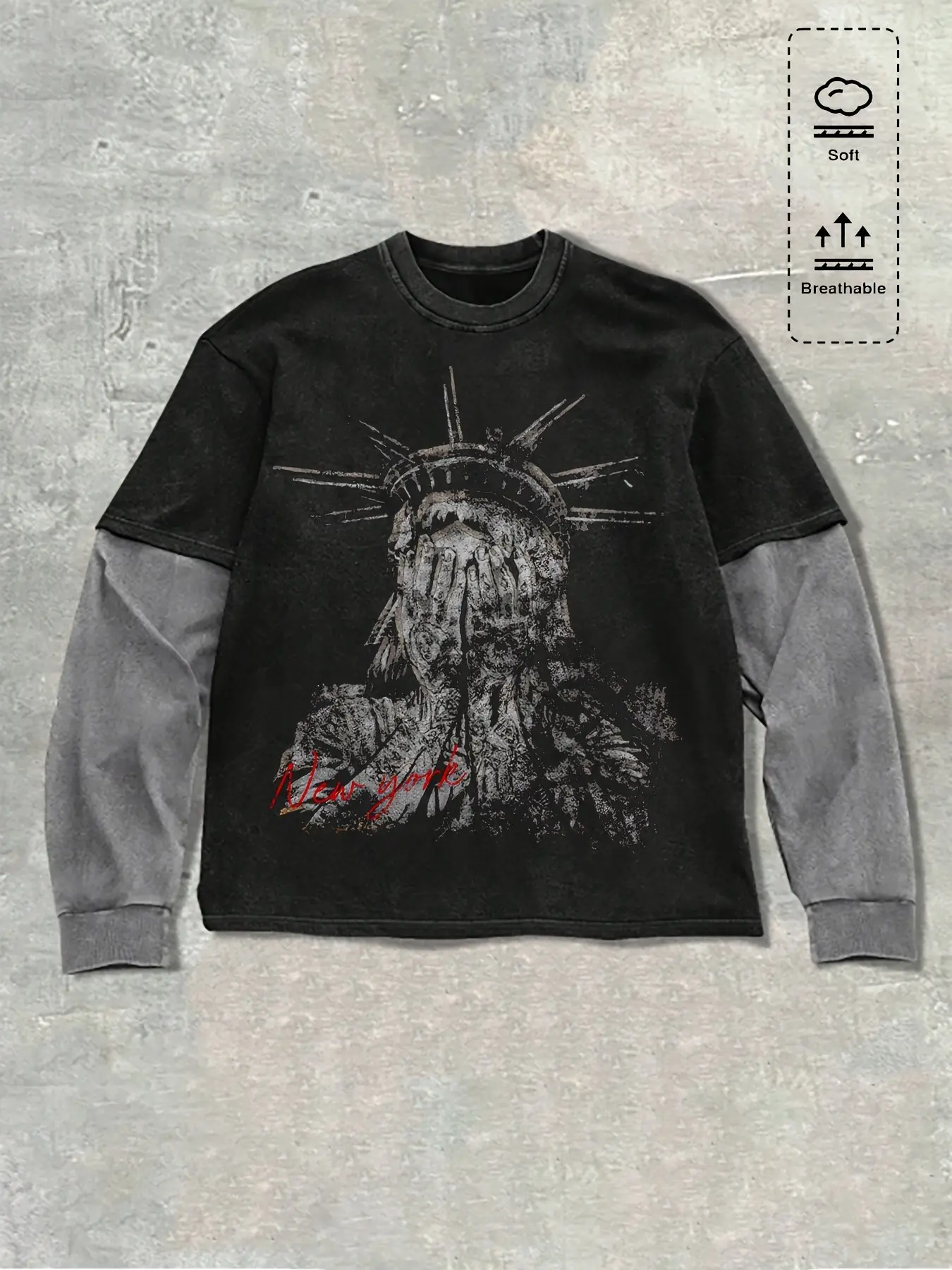 Vintage Washed Distressed Liberty Statue Fake Two Piece Long Sleeve T-shirt Casual Soft Breathable Oversized Layered Graphic Tee 90s Grunge New York Print Unisex Streetwear Top for Spring Fall Daily Skate Campus Hip Hop Outfit