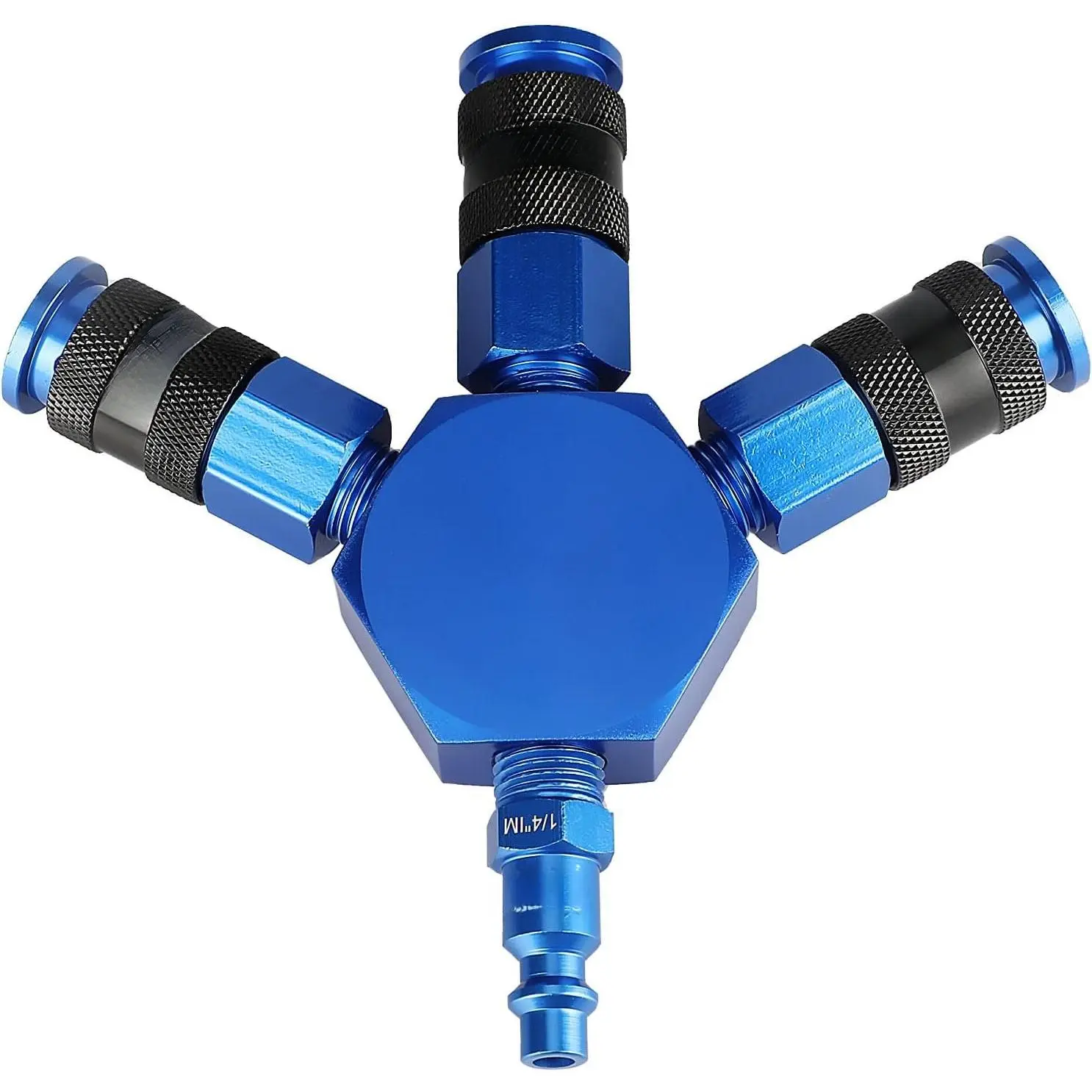 3-Way Air Manifold, Air Hose Splitter with  3  Quick Connect Couplers and 1/4" NPT Male Industrial Air Plug for connecting air compressor, air hoses and air tools, Blue