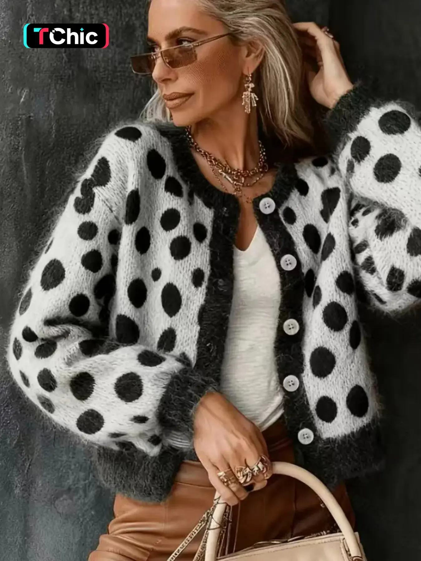 Trendy Polka Dot Colorblock Loose Knit Sweater for Women, Fall Winter New Arrival, Casual Long Sleeve Cardigan, Comfortable and Stylish
