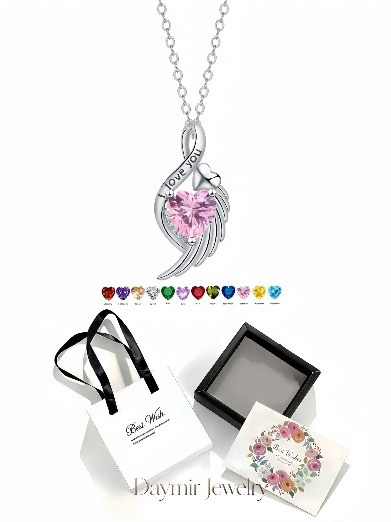 Diamond Wing Promise Necklace, stylish geometric guardian wing pendant with 12 birthstone options for ladies. Matched with delicate drawer jewelry box, perfect gifts for birthdays, Mother’s Day, Valentine’s Day, Christmas and anniversaries.