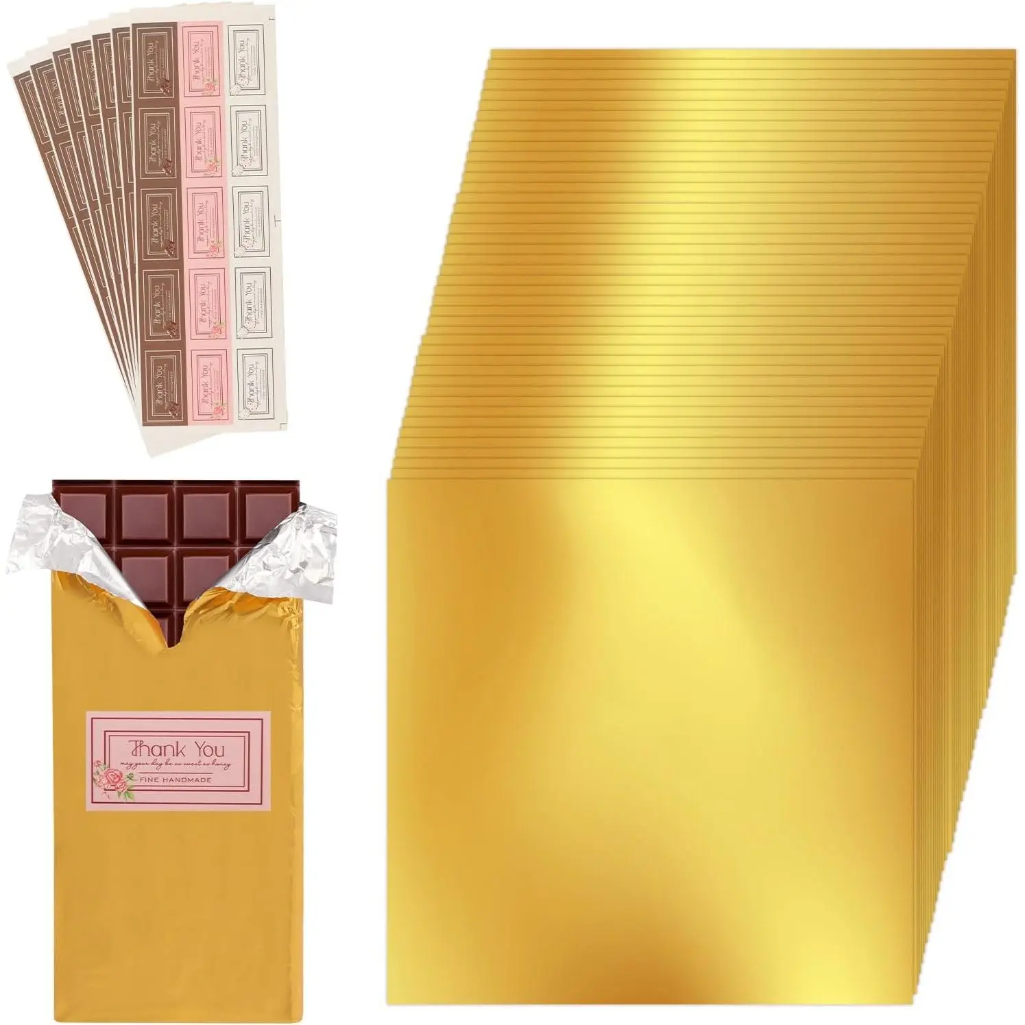 100 Pcs Gold Foil Chocolate Candy Wrappers with 105 Pcs Stickers, 7.9" x 7.9" Wrapping Paper for Chocolate Bars, DIY Crafts, Christmas Halloween Birthday Gift Packaging