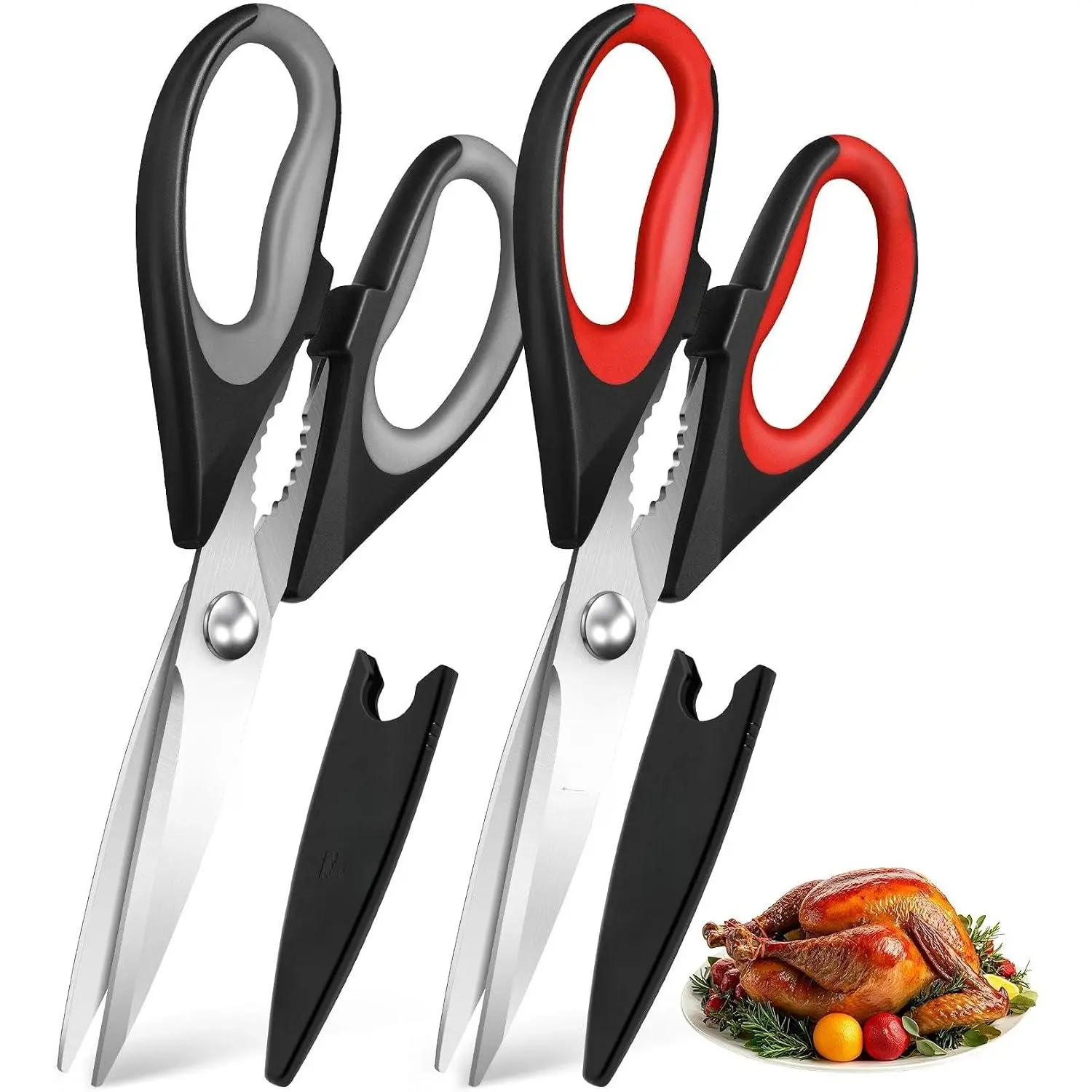 2-Pack Heavy Duty Ambidextrous Kitchen Scissors - Straight Edge Detachable Stainless Steel Ultra-Sharp Blades, Soft Comfort-Grip, Protective Sheath, Dishwasher Safe Kitchen Utensils for Cooking Meat