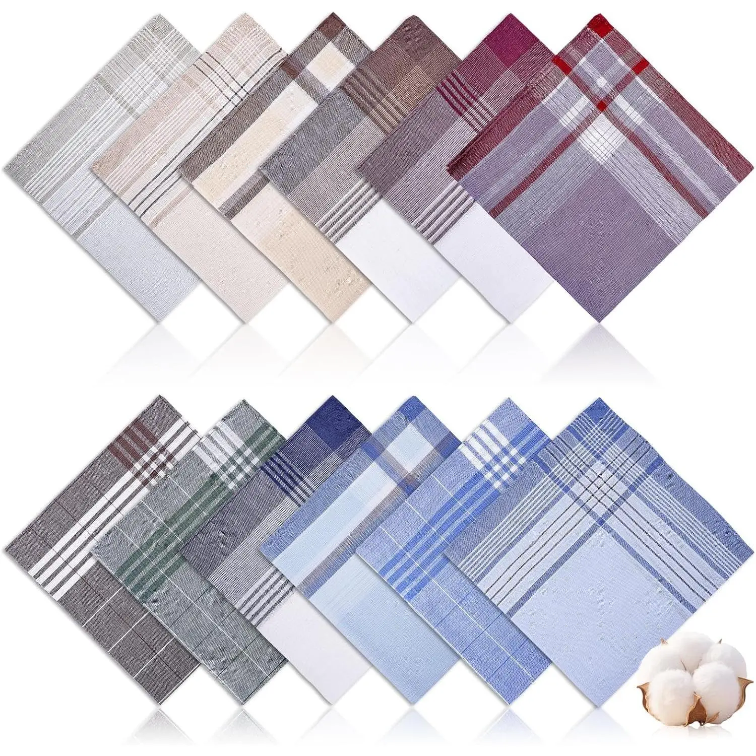 12 Pcs Men's Handkerchiefs, 16x16 Inch, 100% Soft Cotton Classic Check Pocket Squares(Gift)