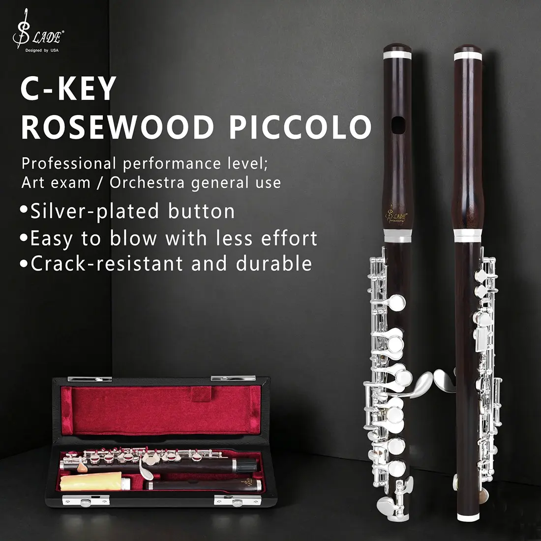 Professional Slade C Flute, Handcrafted Redwood Body, Antioxidant Silver Color Keys, Complete Set with Case and Cloth Bag, Ideal for Musicians