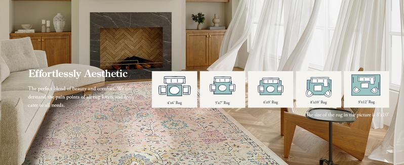 Lahome Pink Boho Area Faux Cashmere Rug, 8x10 Washable Faux Cashmere Rugs for Bedroom Living Room, Soft Blush Floral Non Slip Pastel Thin Floor Carpet for Classroom Playroom Home Decor