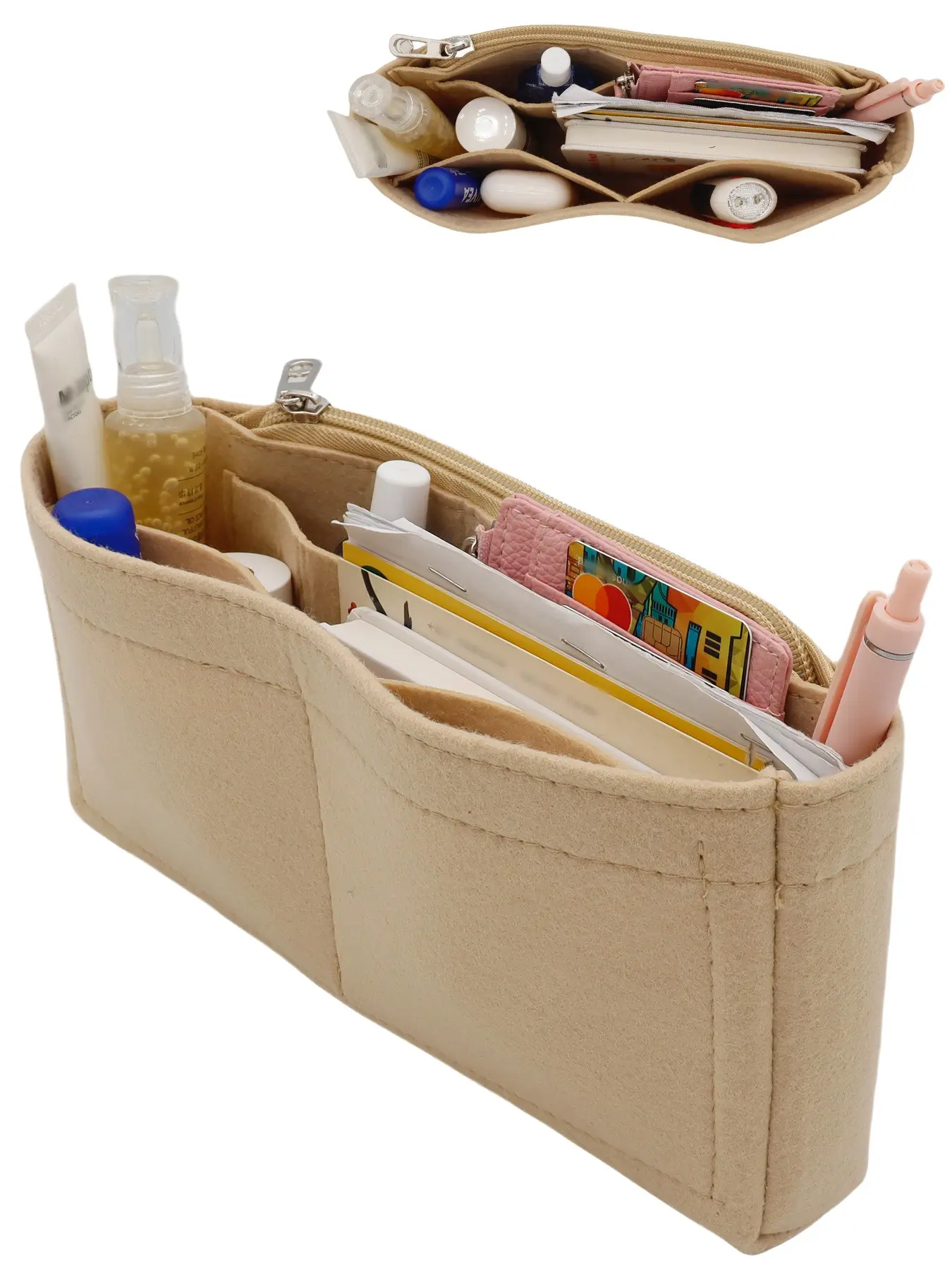 Felt Bag Organizer Insert Fits for Baguette Handbag, Multi-Pocket Purse Liner, Lightweight Bag in Bag Organizer with Zipper Pocket
