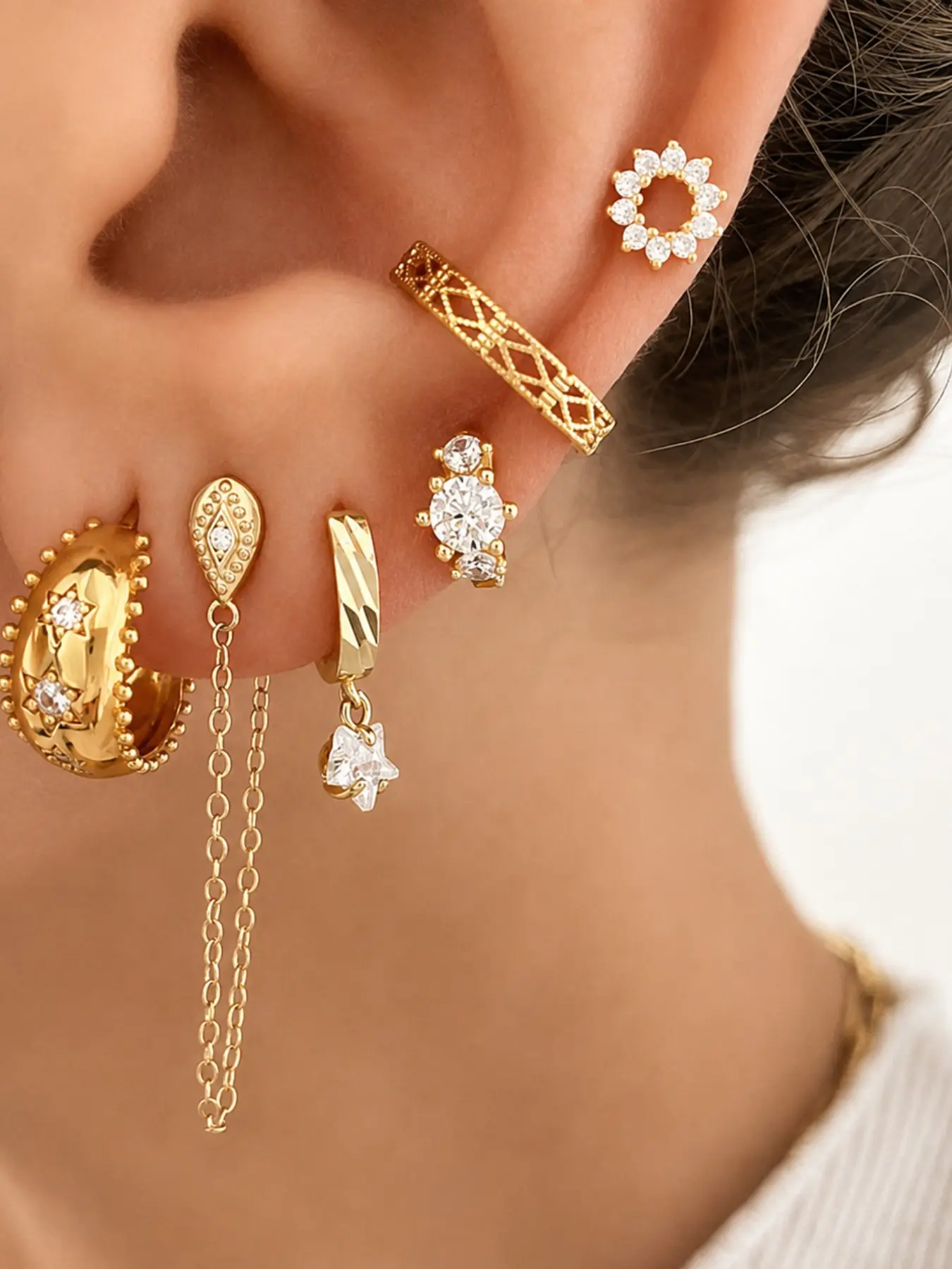 6 Pairs 24K Gold Sparkle Earring Set for Women, Sunflower Studs Small Huggie Hoops Chain Drop Earrings, Stackable Earrings Ear Stack Mix and Match Jewelry, Graduation Gift Bridesmaid Gift Wedding Season Holiday Gift