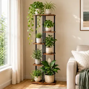Six-Tier Multi-Functional Indoor Plant Stand, Tall Narrow Wood Grain Flower Rack, Metal Frame Open Shelving Design, Ideal for Living Room Decor