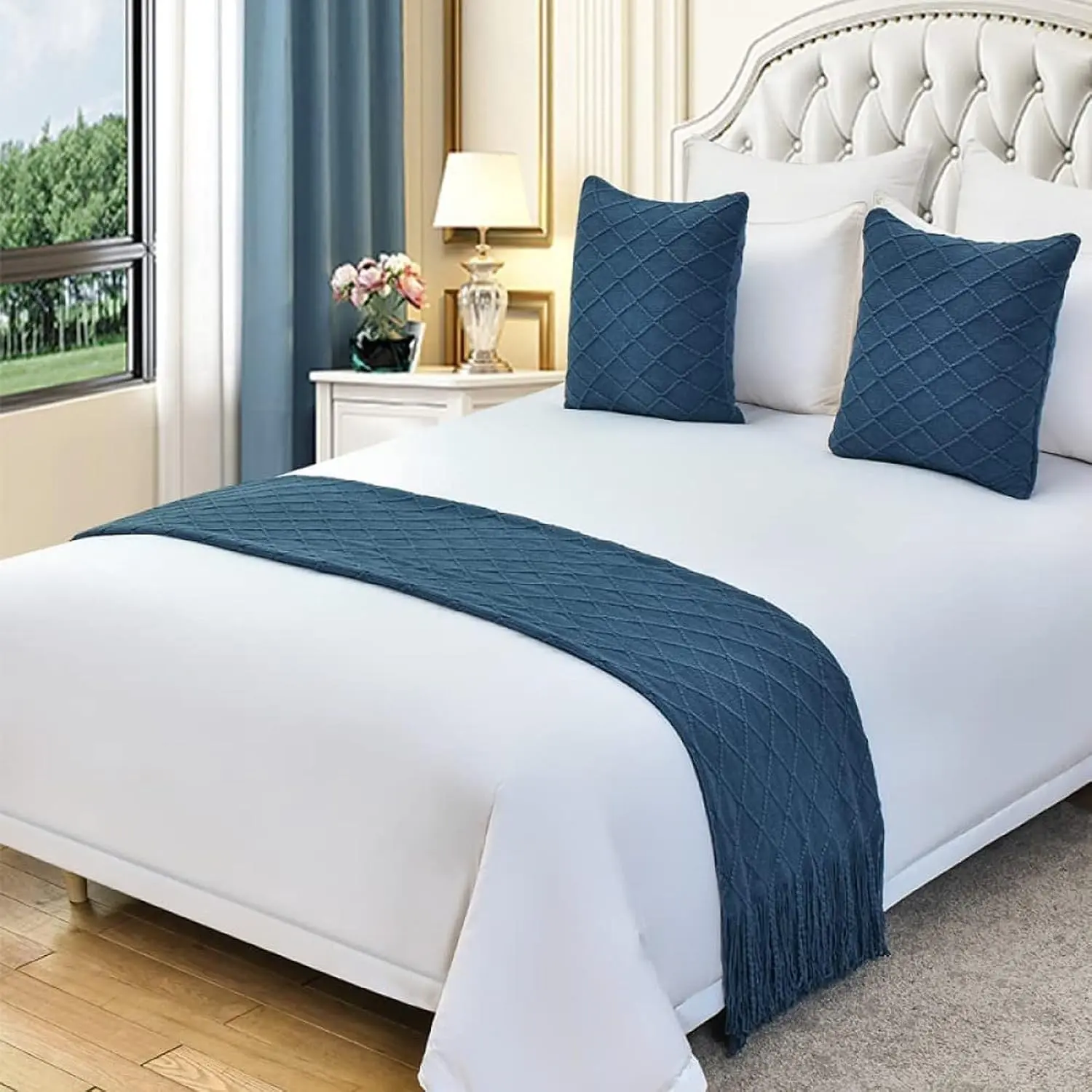 Cotton Knit Bed Runner Knitted Throw Blanket With Tassel Decorative Bedding Scarf Cover Solid Color Woven Sofa Throw For Hotel Home Double Single King Size Queen 26x91inch Navy