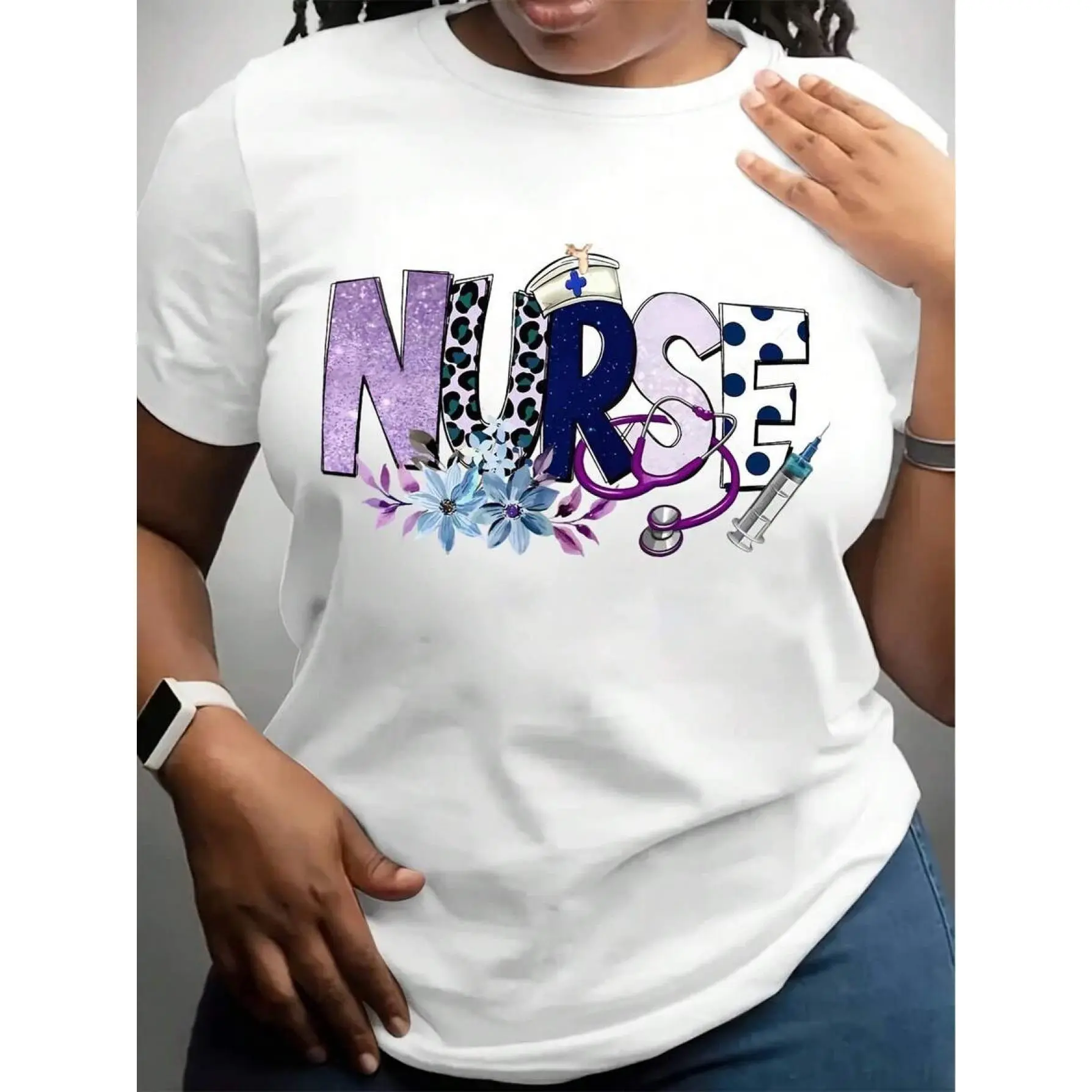 Women's Nurse Themed Short Sleeve Round Neck T-Shirt - Leopard Spot & Splatter Print, Breathable Fabric, Machine-Washable, Suitable for Spring Summer Casual Wear & Nurse Uniforms for Healthcare Professionals