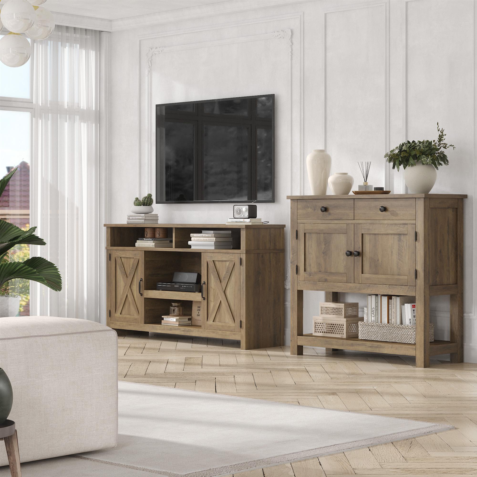 HOSTACK Farmhouse Console Table with 2-Door Cabinet & 2 Drawers, Coffee Bar, Entryway Table with Storage Shelf, Sofa Tables Buffet Sideboard,Black Friday，Christmas gifts