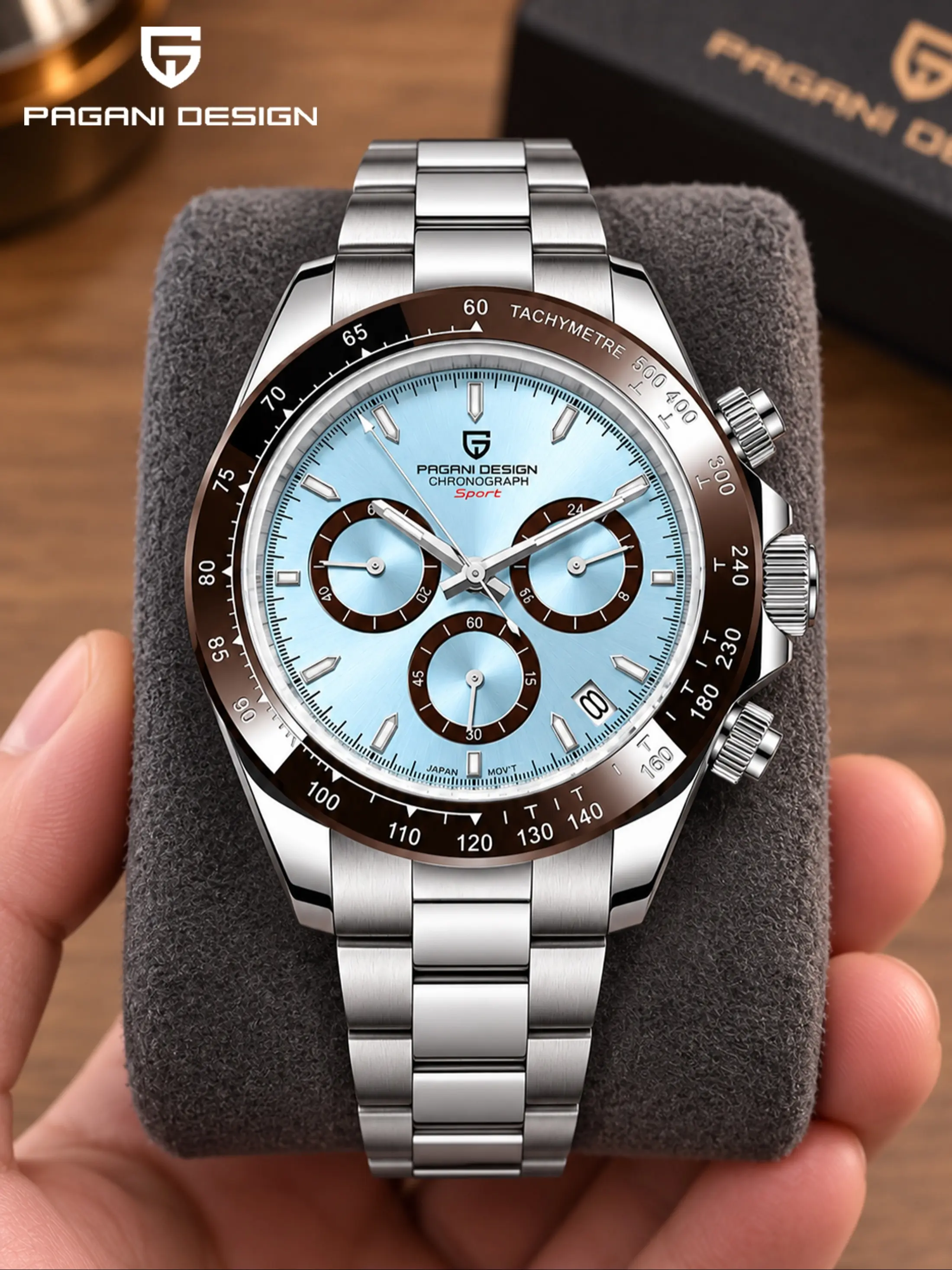 PAGANI DESIGN Top brand luxury men's 40mm quartz chronograph watch, ceramic tachometer bezel, synthetic sapphire glass, stainless steel strap, luminous display, waterproof sports business watch, men's watch gift choice