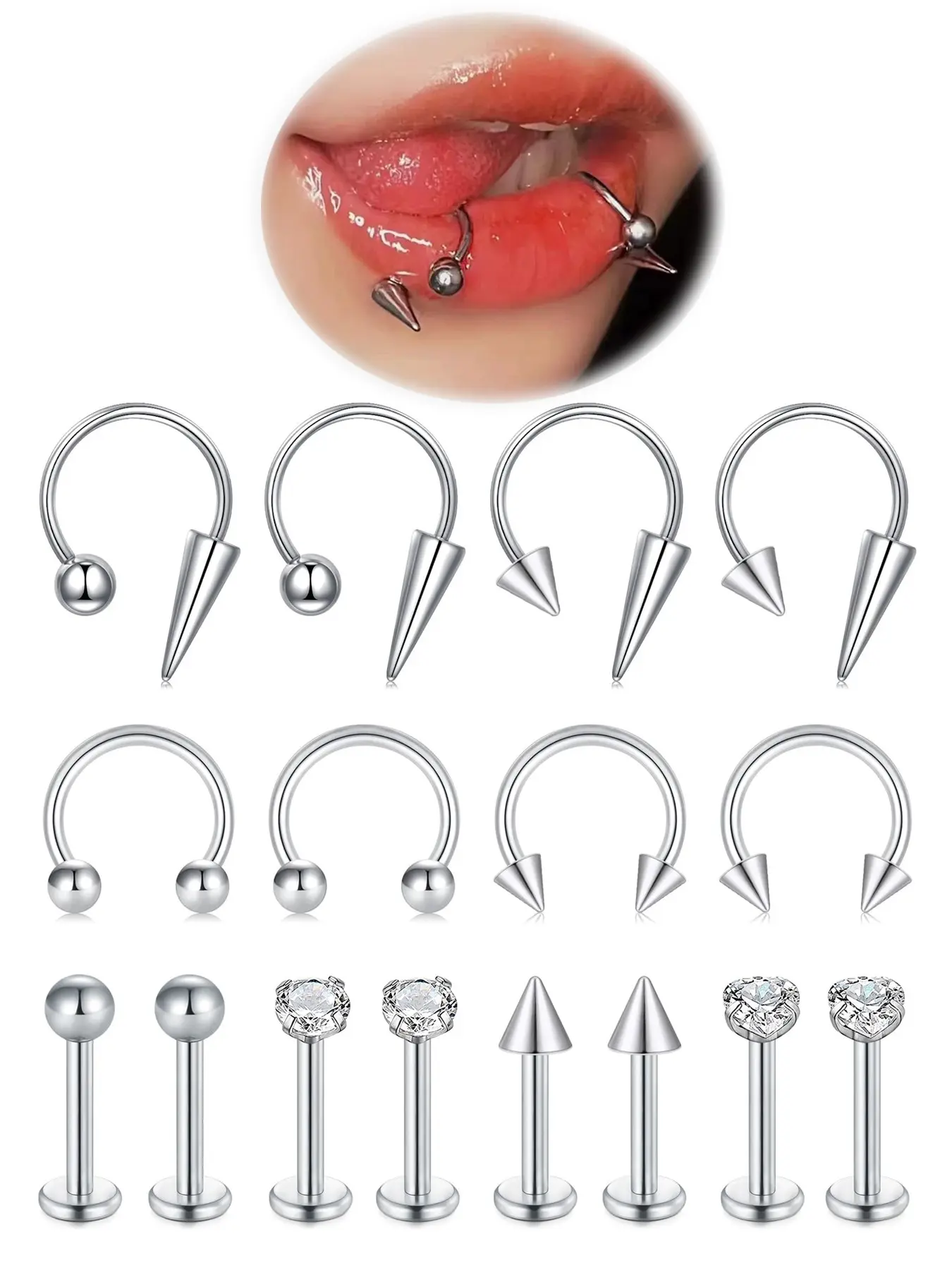 316L Stainless Steel Horseshoe Nose Ring, 16g Lip Barbell, Spike Snake Bite Piercing, Tragus Helix Earrings, Medusa Piercing, Piercing Jewelry for Women Men