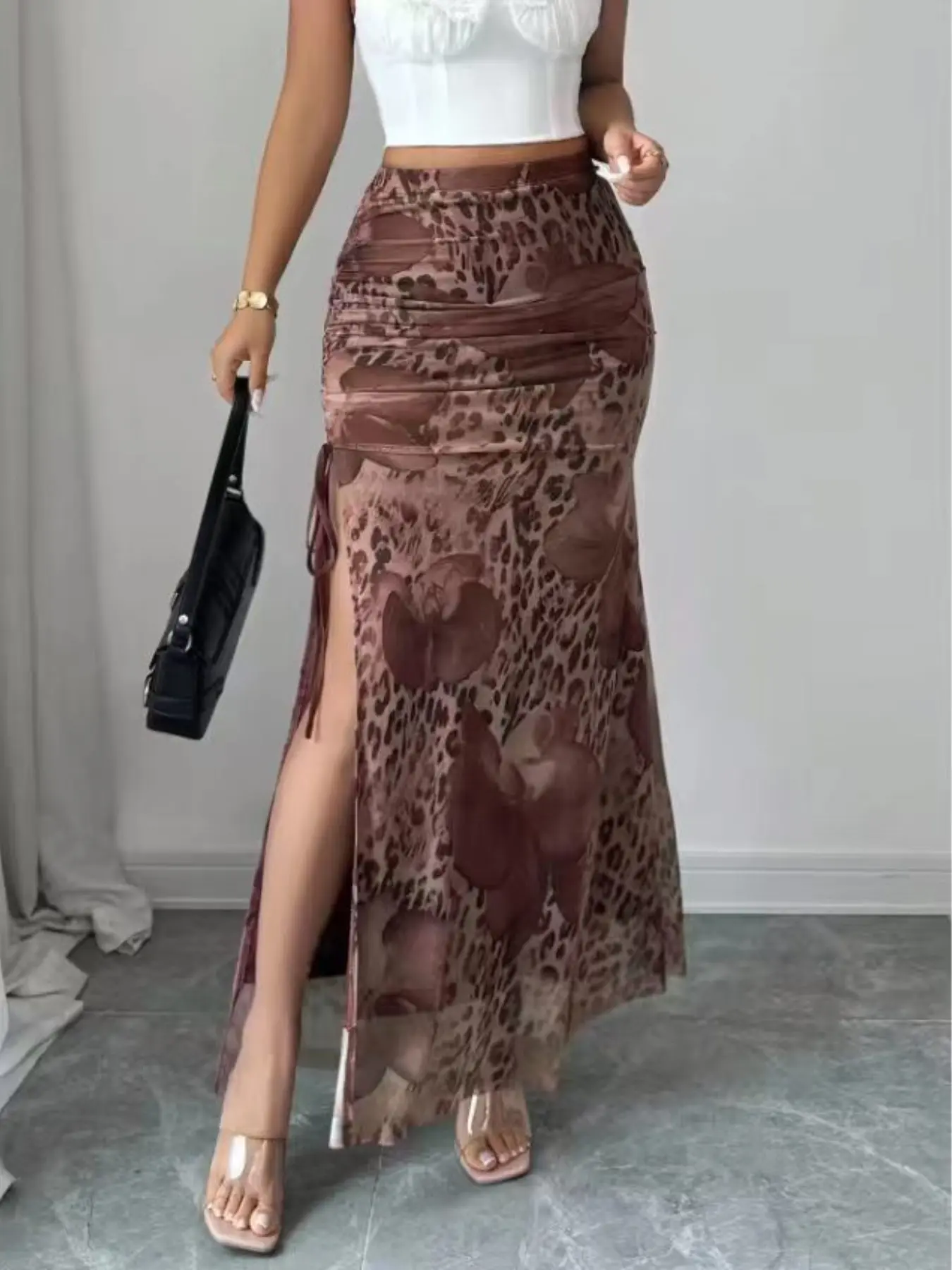 Women's Elegant Leopard Print Mesh Stretch High Waist Split A-Line Midi Skirt, Split Hem Skirt, Summer Mesh Skirt, Fall Fashion Women's Clothing, Stylish and Comfortable