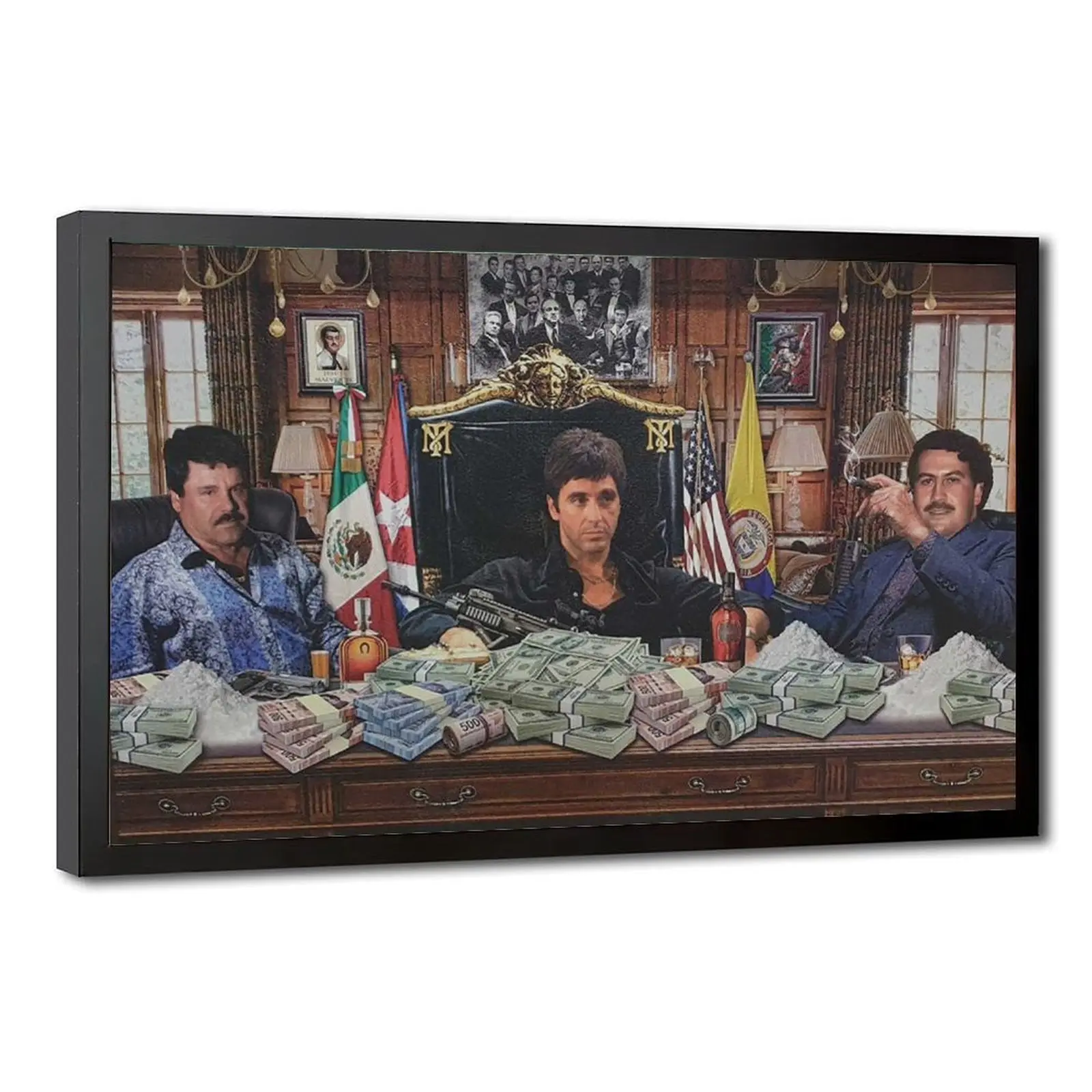Scarface Tony Montana Pablo El Chapo Boss Desk Collage Canvas Wall Art Print Mobsters Man Cave Decor
