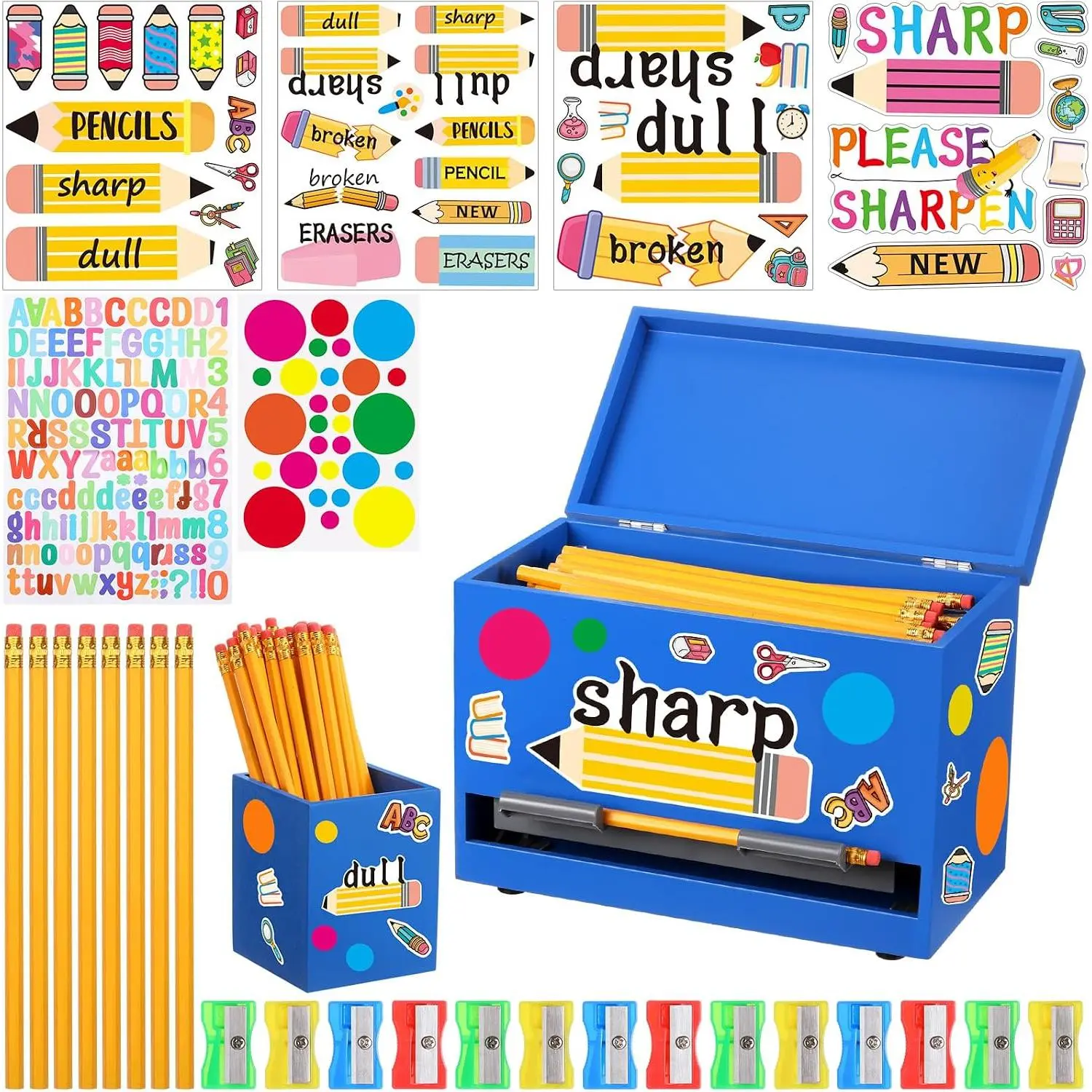 108 count Pencil Dispenser Kit for Classroom Wooden  and Dull Pencil Holder 50 Pencils 50 Sharpener 6 Sticker Classroom Teacher  Have Straw Dispenser for  to School(Royal Blue)