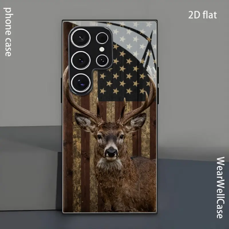 Tempered Glass Cellphone Case - Deer Antlers & American Flag Black Casing, Protective Mobile Phone Accessory Cover for Galaxy S26 S25 S24 S23 S22Pro S21 S20 Fe Plus Ultra Pro A56 A55 A54 A53 A52 A51 A36 A35 A34 A32 A26 A25 A24 A23 A16 A15 A14 A06 A05 A03s