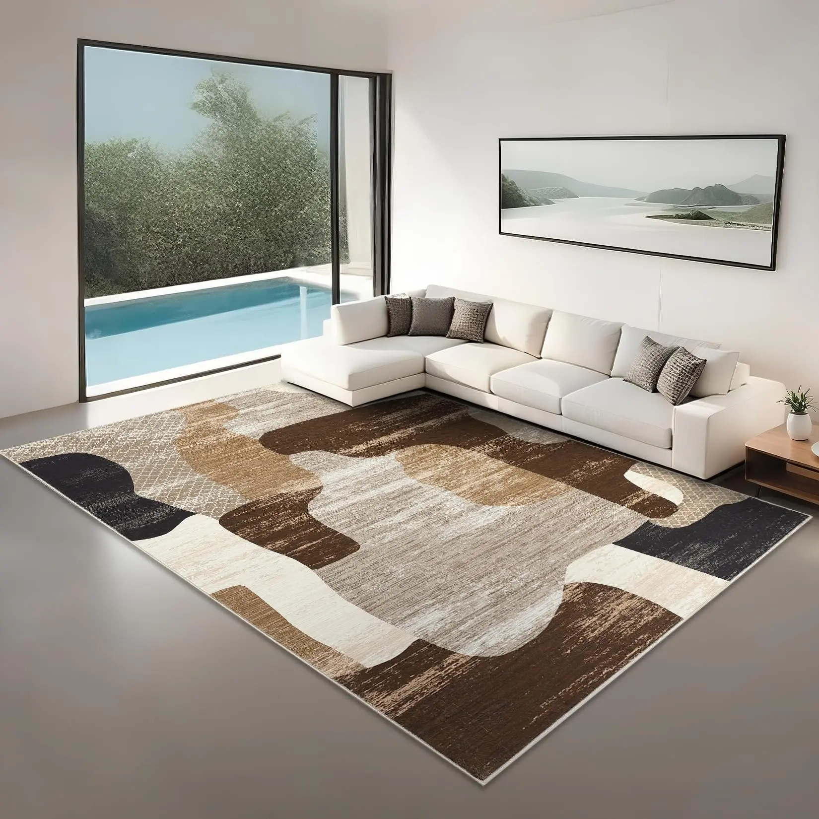 Washable Modern Abstract Low-Pile Area Rug - Ultra Soft, Ultra-Thin Collapsible Non-Slip Indoor Carpet for Living Room, Bedroom, Living Room Decor, Minimalist