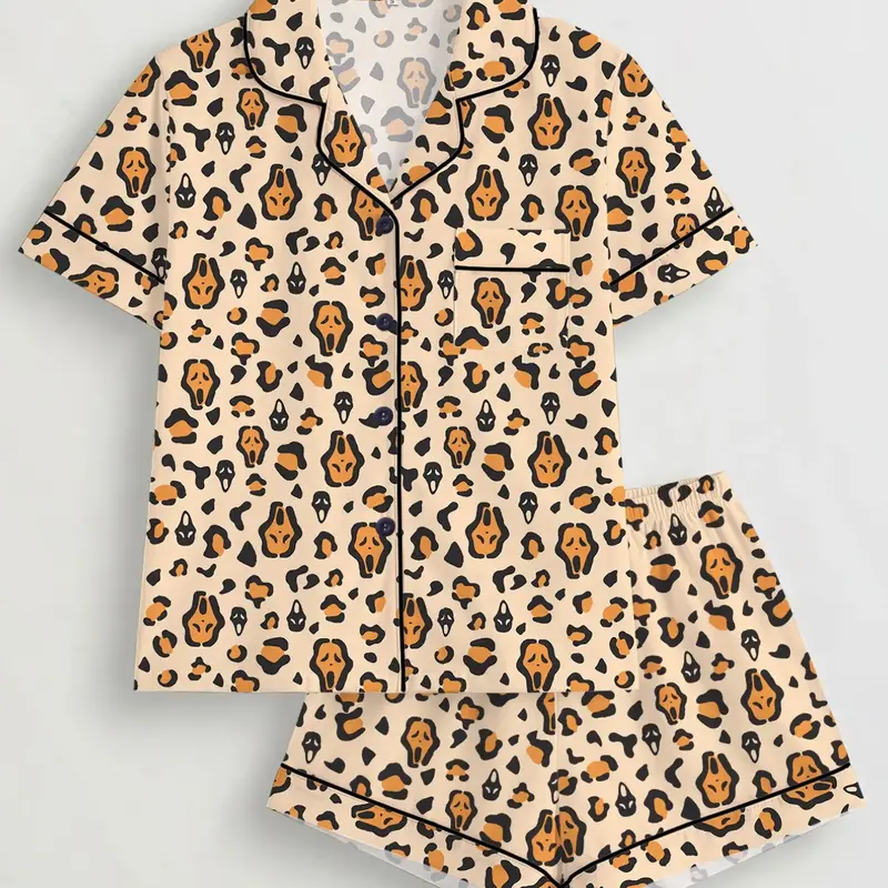 Halloween Women's Casual Cartoon Skull Leopard Print Loungewear Button Front Top & Elastic Shorts Pajama Set, Comfortable Home Wear