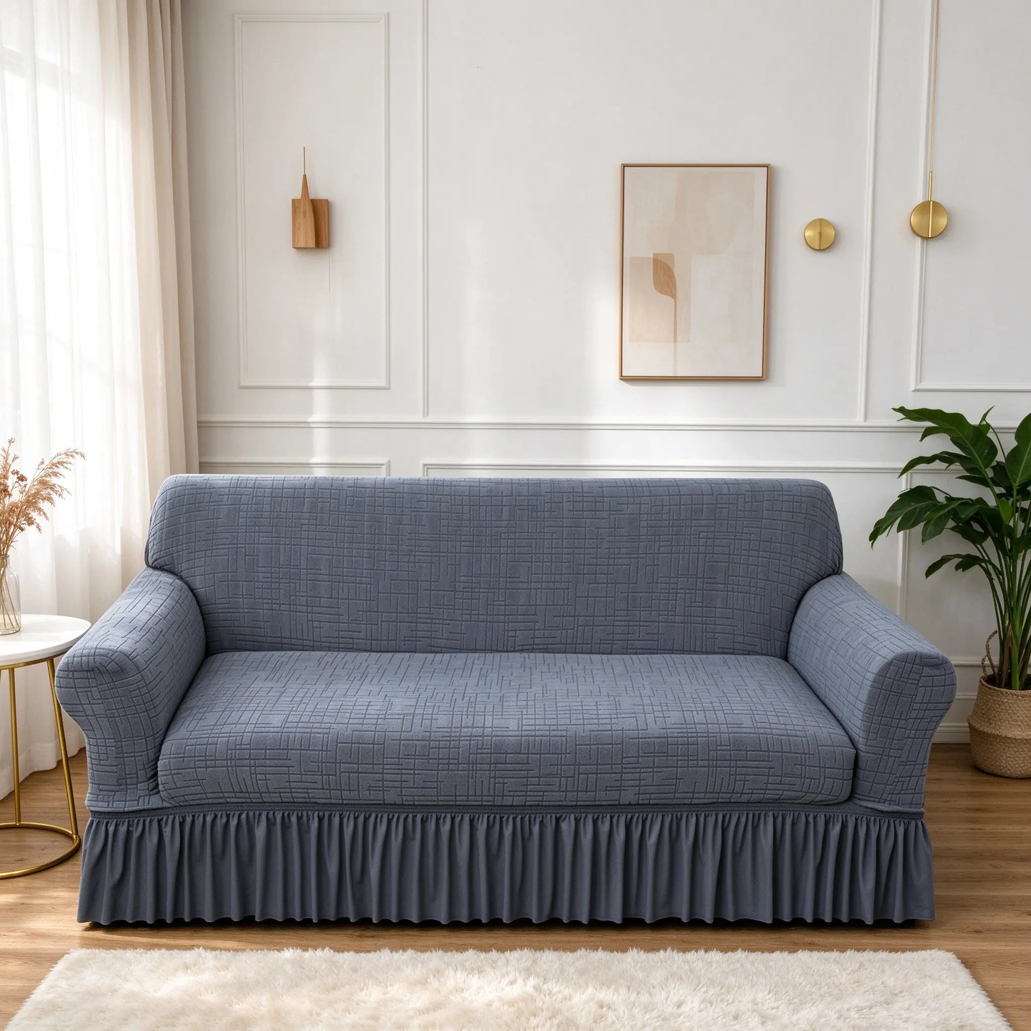 Geometric Print Sofa Cover with Ruffle Trim, 1 Count Non-slip Stretch Sofa Slipcover, Sofa Protector for Home Living Room, Bedroom, Office