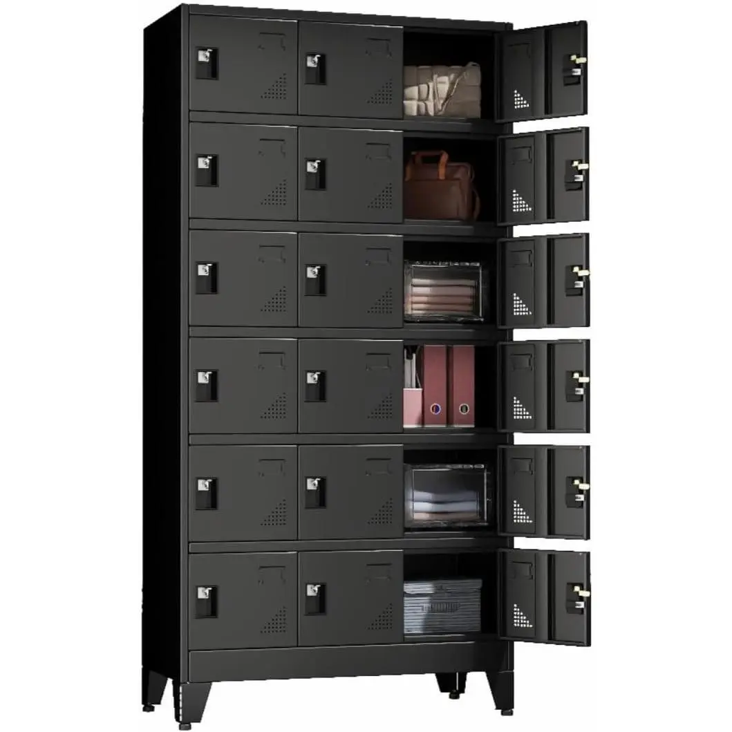 18 Doors Metal Lockers for Employees, Storage Locker with Business Card Holder, Locker Organizer with Ventilation Holes for Garage, Office, Gym, Black
