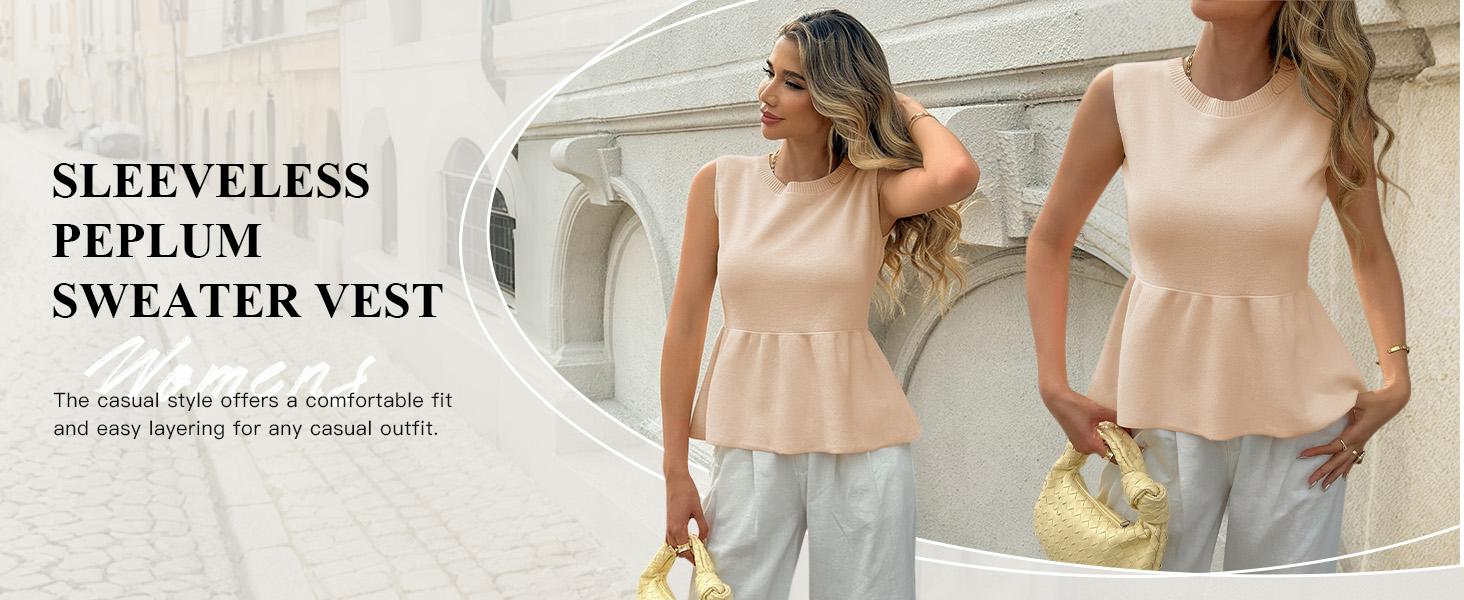 Saodimallsu Womens Sleeveless Babydoll Tank Tops Peplum Ruffle Crew Neck Ribbed Knit Summer Trendy Sweater Vest