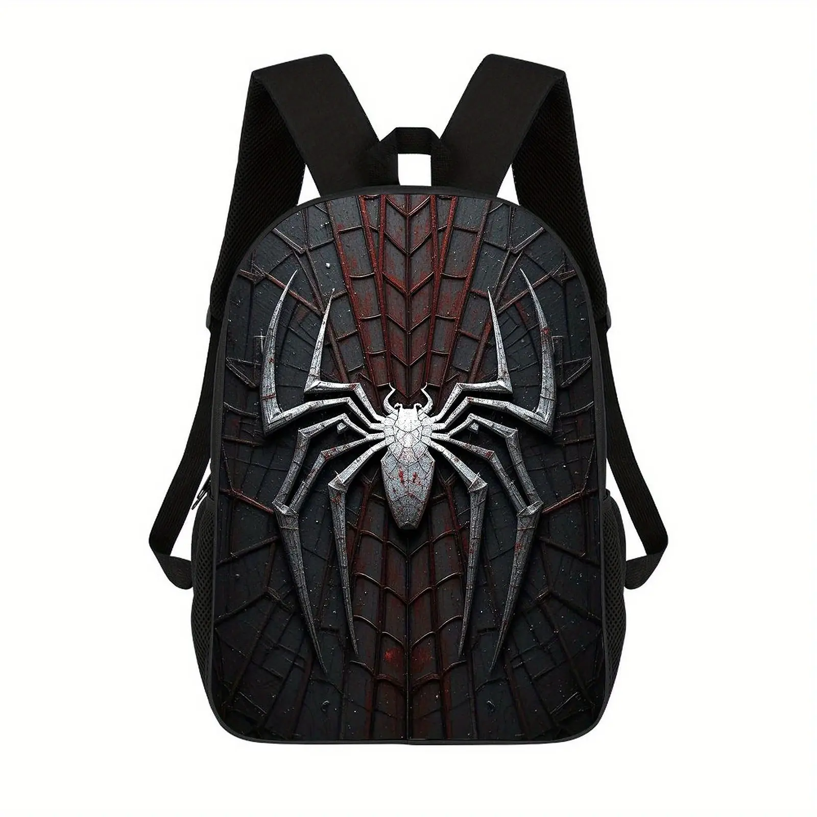 Dark Cracked Web Texture Metallic Silver 3D Spider Logo Red Stripe Suit Print Large Capacity Backpack Water Resistant Unisex Student School Rucksack Breathable Mesh Padded Shoulder Straps Elastic Mesh Water Bottle Side Pocket Dark Superhero Spider Graphic