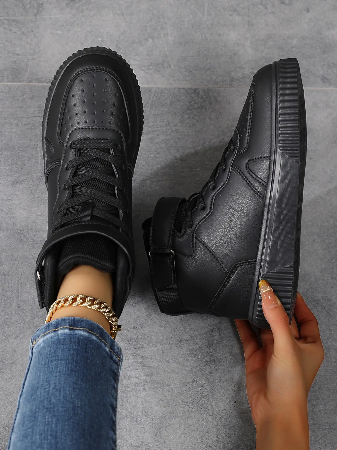 PU Leather High Top Trainer Sneakers, Breathable Design, Anti-Slip Sole, Waterproof, Unisex, Casual Style, All Seasons, Campus & Streetwear