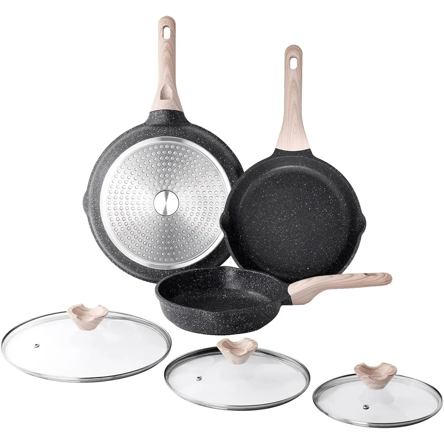 Nonstick Frying Pan Set with Lids, 3 Piece Skillet Set, Healthy Induction Cooking Pan, Stay-Cool Handle, Compatible with All Stovetops, PFOA Free (8, 9.5, 11 Inch)