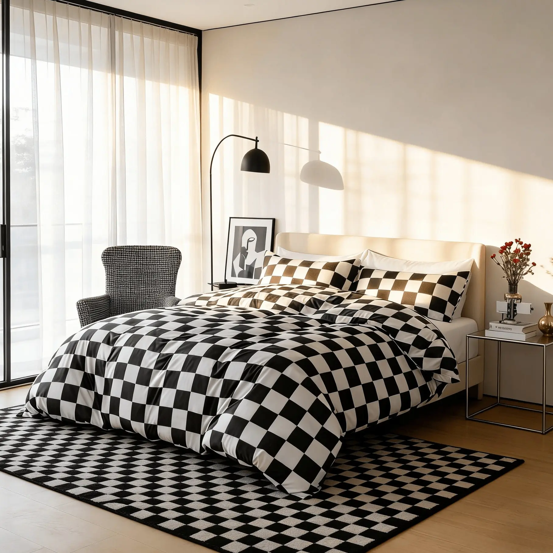 3PCS  Modern Black & White Plaid Checkerboard Geometric Duvet Cover Set, Checkered Bedding Set Includes 1 Duvet Cover & 2 Pillowcases, No Insert, Soft Bedding for Bedroom Guest Room, Ideal Gift Option, Chessboard Bedding Set