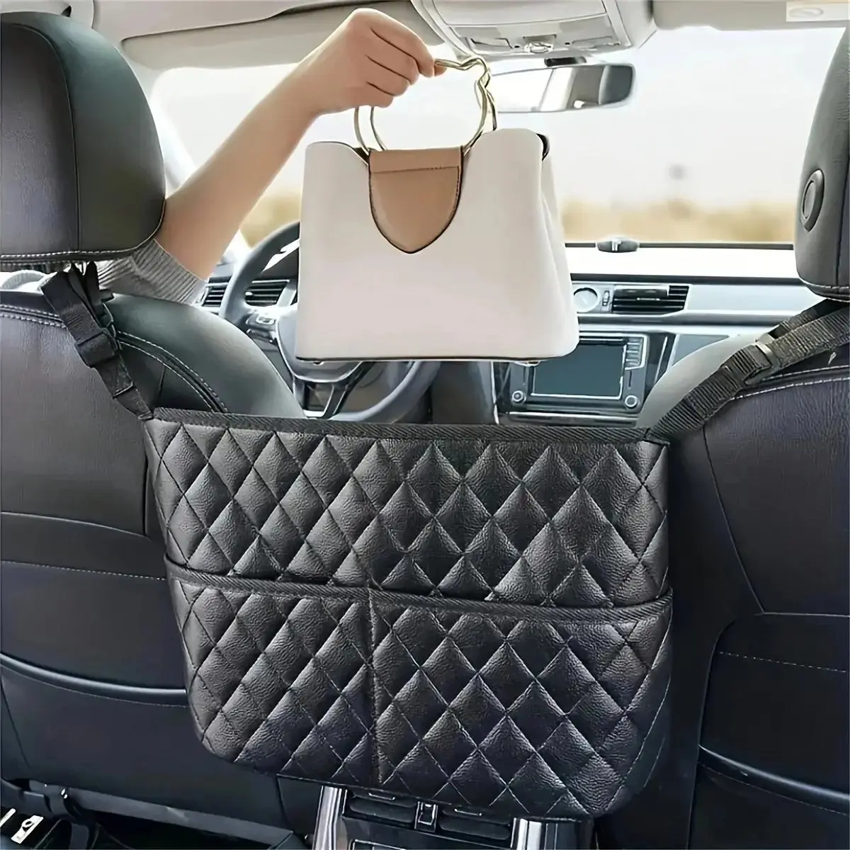 Car Seat Back Organizer, PU Leather Car Seat Back Storage Bag with Mesh Pockets, Extra Storage, Handbag & Wallet Holder, Durable Car Accessories, Car Interior Accessory