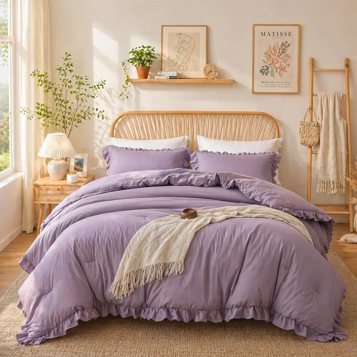 Grayish Purple Comforter Set King, Ruffle Soft Bedding| microfiber bed set with 2 pillow sham ruffle lightweight warmth breathable bedding machine washable