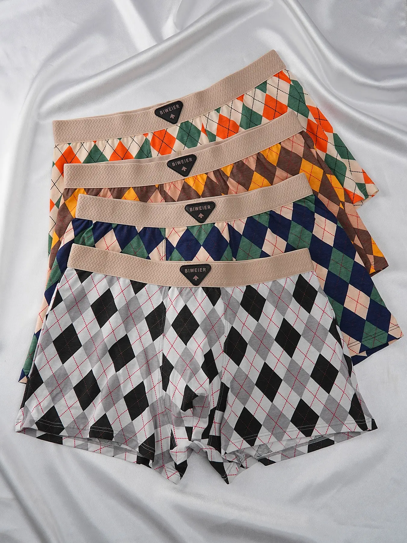 4 Pcs Biweier Men's Plaid Print Cotton Briefs, Soft Comfortable, Casual Fashion, Ideal for Sports & Daily Wear, Perfect Gift