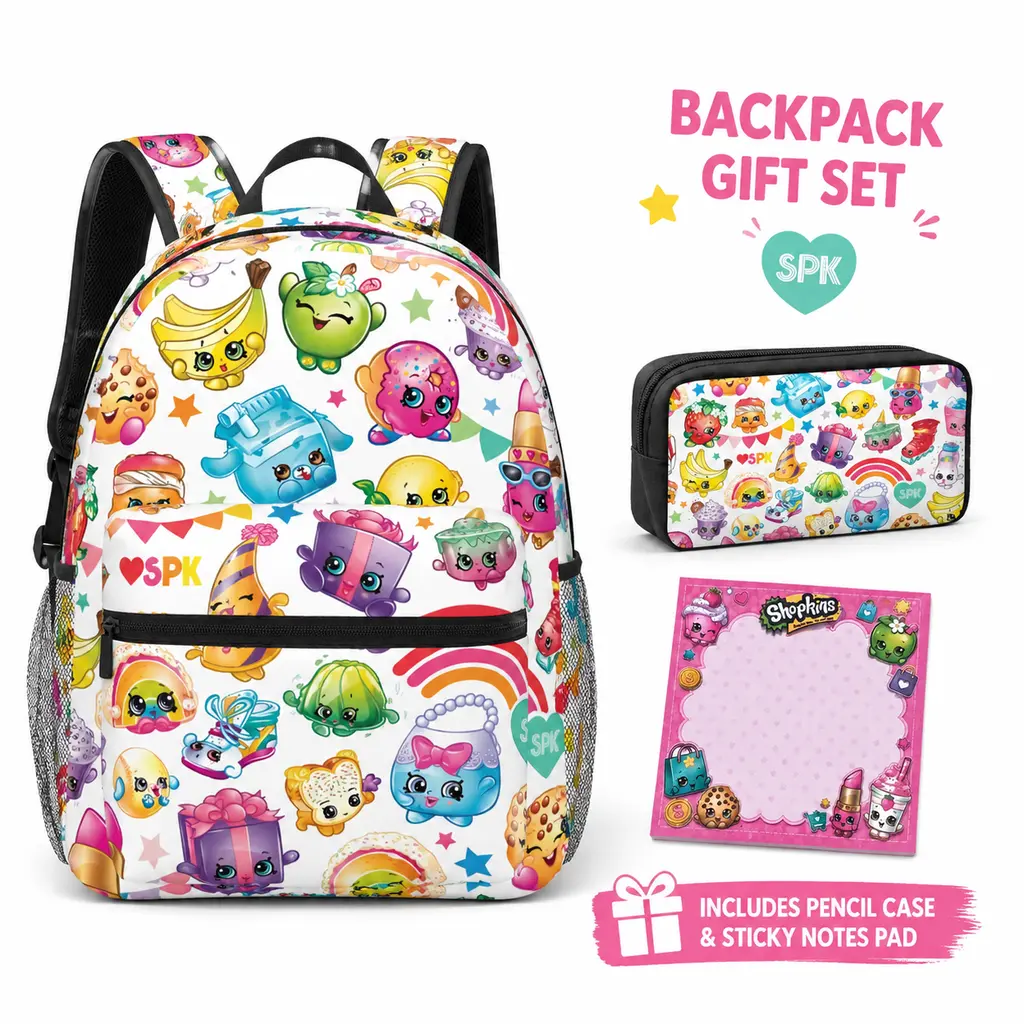 Kids School Shopkins Backpack Set, Cute Casual Book Bag with Pencil Box and Sticky Notes, Kawaii School Supplies Accessories for Elementary, Middle School Students, Boys and Girls