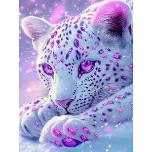 5D DIY Diamond Painting Kit Magical Purple Spotted Snow Leopard Glitter Eyes Fantasy Animal Art Pattern, Full Round & Square Drill Rhinestone Mosaic Cross Stitch Craft Kit, Handmade Ornament Wall Art Home Decor Gift for Living Room Bedroom