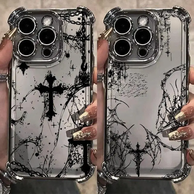Cross Mark Pray Gothic Line Plating TPU Plastic Phone Case for iPhone 17 ProMax,17 Air,16 Plus,15,14,13,12,11 Pro & Samsung Galaxy S26 Ultra,S25,S24,S23 FE Plus,EDGE - Transparent, Shockproof, Anti-Drop Protection Accessories for iOS/Android Smartphones,