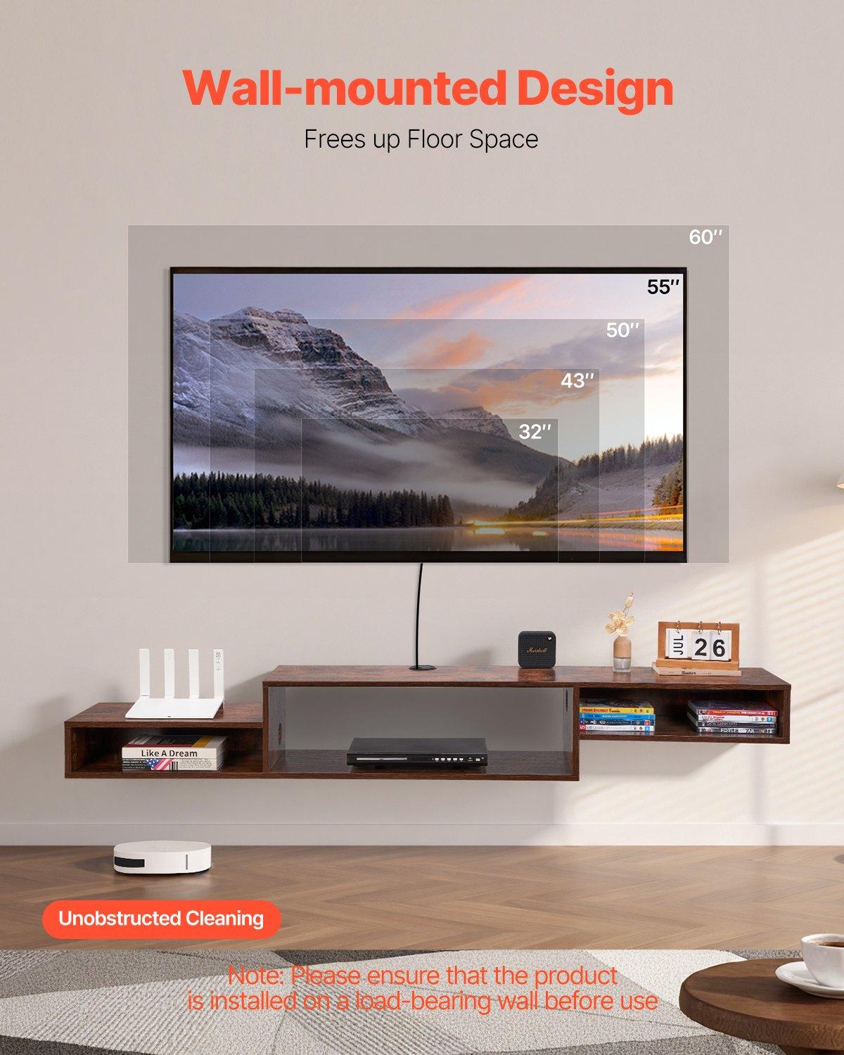 VEVOR Floating TV Stand, 70" Wall Mount Entertainment Center with Power Outlet & Cable Hole, Modern Floating TV Shelf with Storage Cabinet for DVD Player, Cable Box, Game Console, TV Accessory, Wood