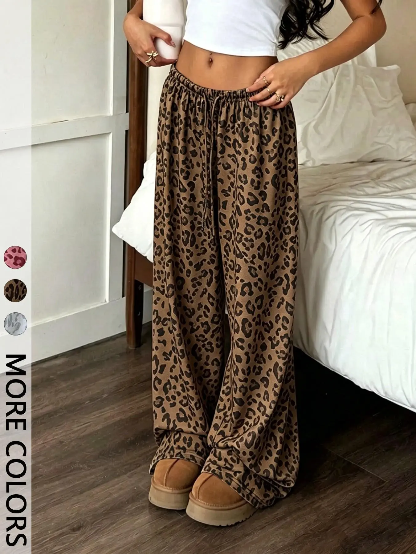 Leopard Print Adjustable Drawstring Wide Leg Pants, Loose Fit Straight Leg Jeans, Casual Streetwear Long Trousers for Home, Outdoors, Vacation
